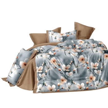 Pościel 200x220 Bawełna satynowa szaro brązowa w kwiatyPK734 z PRZEŚCIERADŁEM